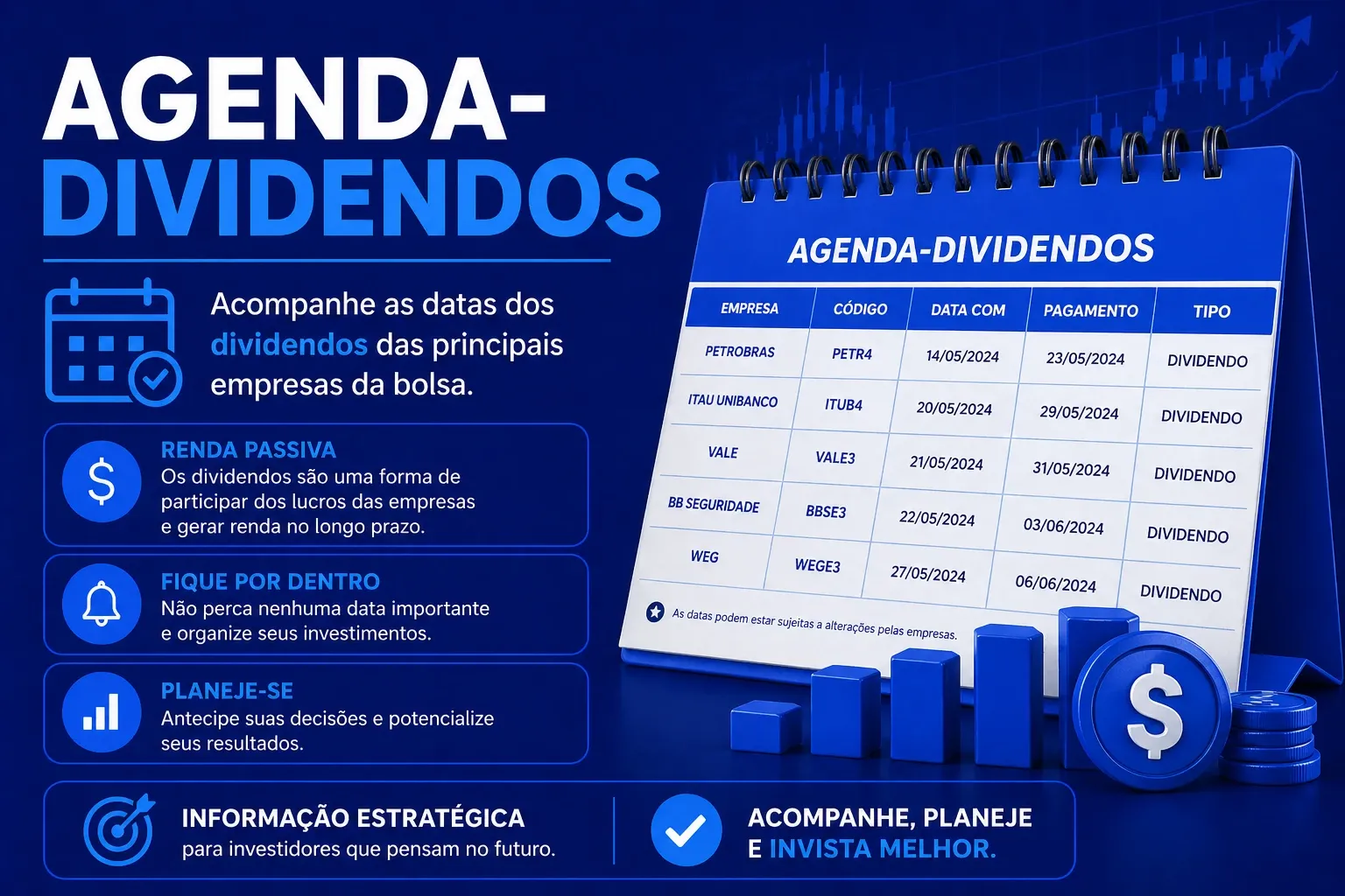 Ilustração representativa de dividendos, moedas e rendimentos financeiros