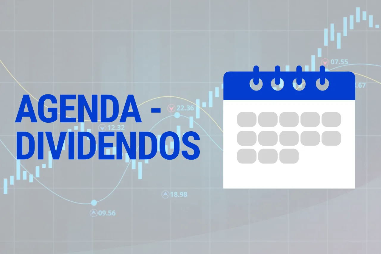 Ilustração sobre calendário de dividendos com o texto 'Agenda - Dividendos', ícone de calendário e gráfico de cotação de ações ao fundo