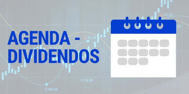 Ilustração sobre calendário de dividendos com o texto 'Agenda - Dividendos', ícone de calendário e gráfico de cotação de ações ao fundo