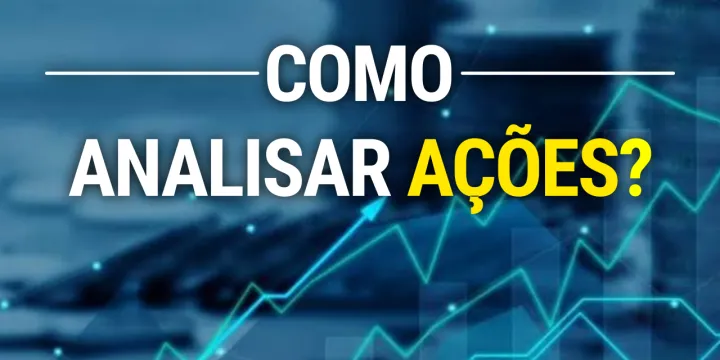 Imagem com o título 'COMO ANALISAR AÇÕES?' em destaque sobre fundo azul com gráficos de tendência.