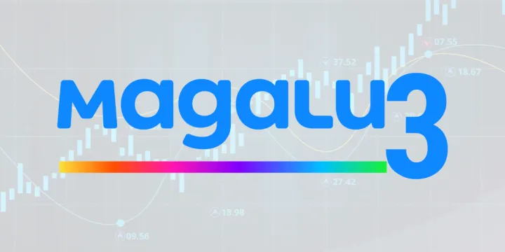 Texto magalu3 em azul com linha em gradiente colorido à frente de um gráfico de candlestick financeiro.