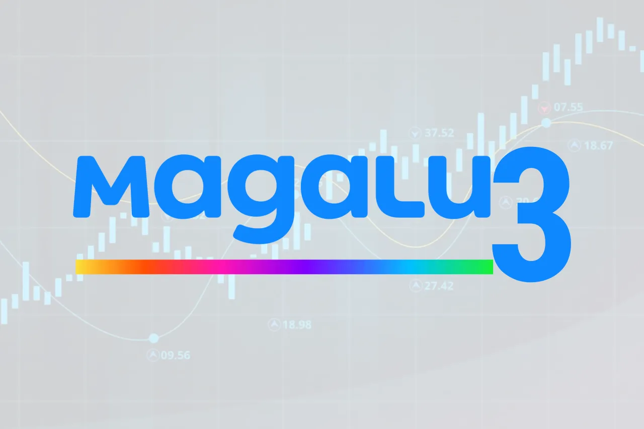 Texto magalu3 em azul com linha em gradiente colorido à frente de um gráfico de candlestick financeiro.