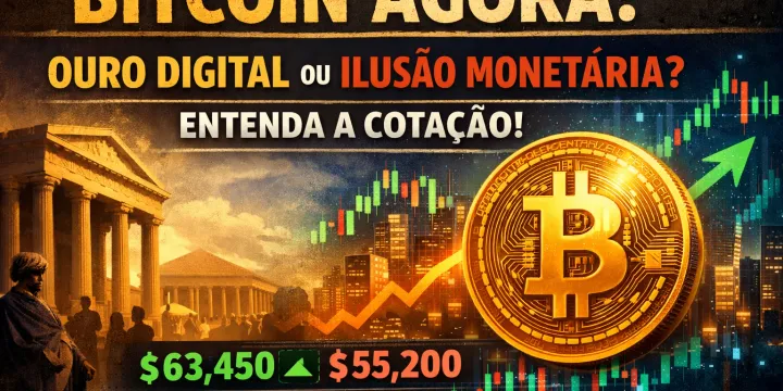 Representação conceitual do Bitcoin com gráficos de cotação e moedas digitais