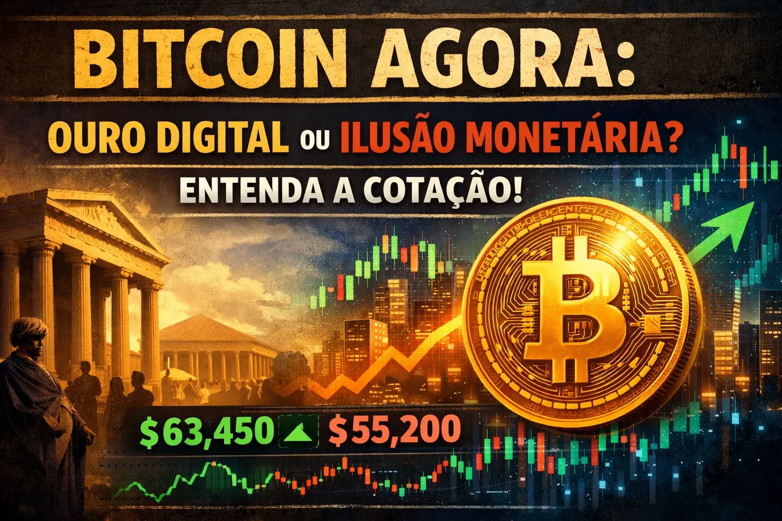 Representação conceitual do Bitcoin com gráficos de cotação e moedas digitais
