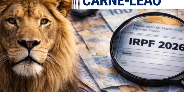 Leão ao lado de uma lupa focada em um documento do IRPF 2026 sobre cédulas de dinheiro, com o texto em destaque 'CARNÊ-LEÃO'