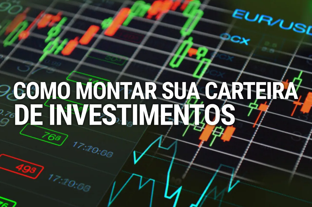 Gráficos de crescimento e moedas que ilustram a montagem de uma carteira de investimentos diversificada