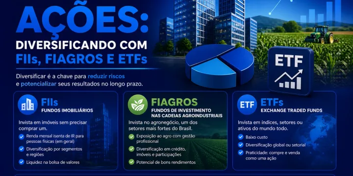 Ilustração sobre fundos imobiliários com prédios e gráficos de rendimentos