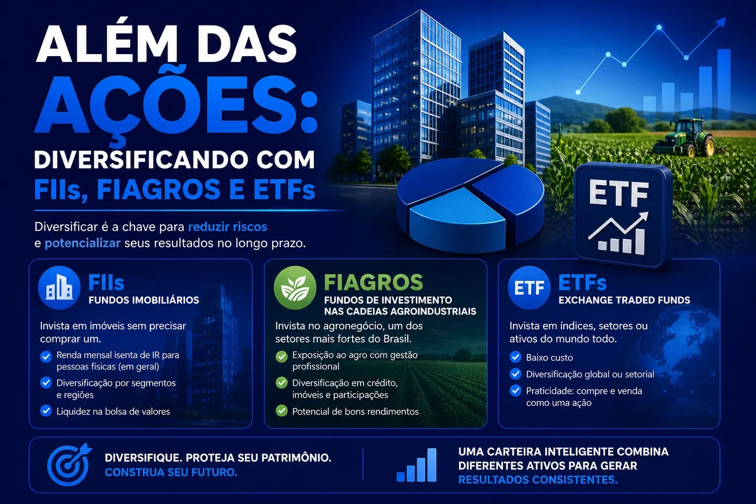 Ilustração sobre fundos imobiliários com prédios e gráficos de rendimentos