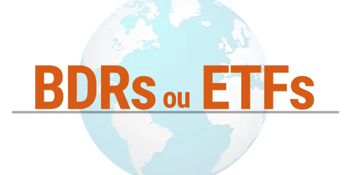 Ilustração de um globo terrestre ao fundo com o texto em destaque 'BDRs ou ETFs' em laranja, simbolizando a diversificação internacional de investimentos.