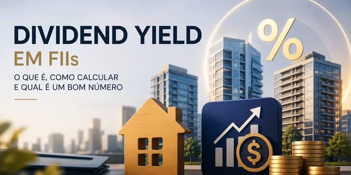 Ilustração sobre fundos imobiliários com prédios e gráficos de rendimentos