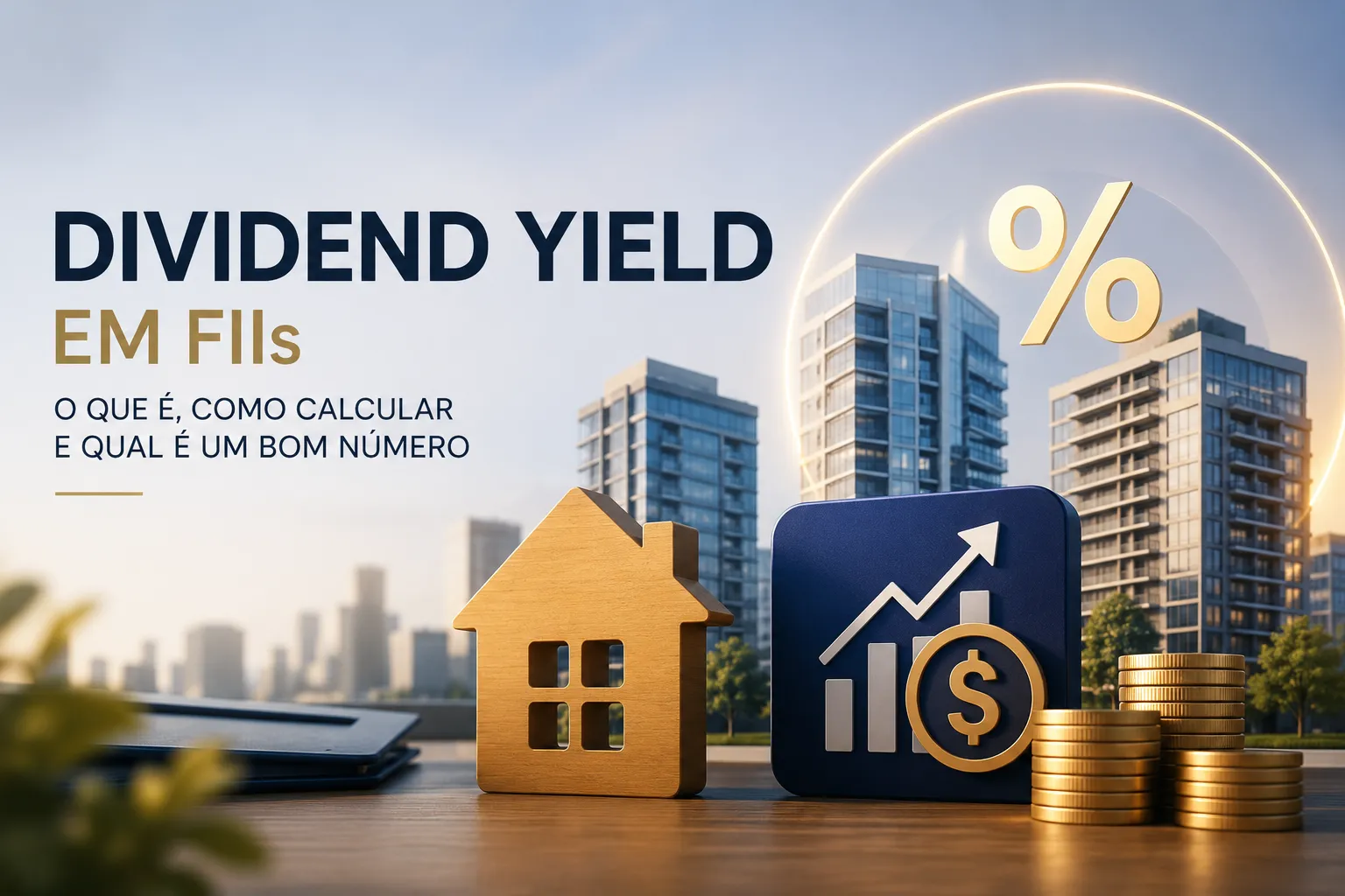 Ilustração sobre fundos imobiliários com prédios e gráficos de rendimentos