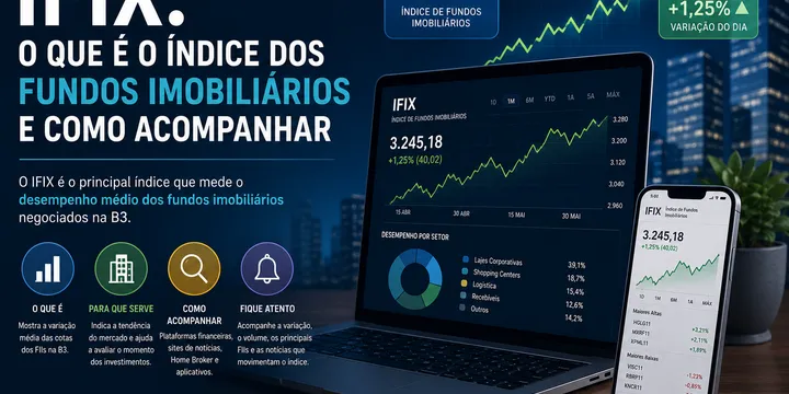 Ilustração sobre fundos imobiliários com prédios e gráficos de rendimentos