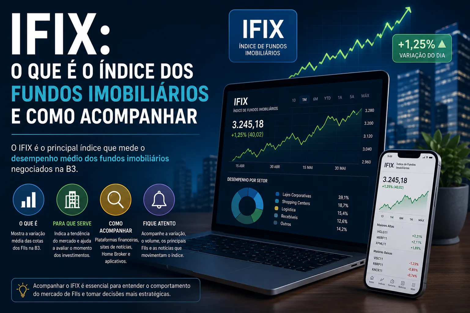 Ilustração sobre fundos imobiliários com prédios e gráficos de rendimentos