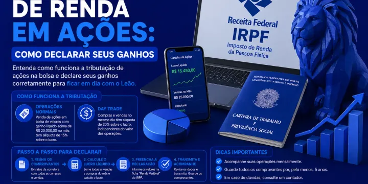 Ilustração sobre declaração de Imposto de Renda com documentos e o símbolo da Receita