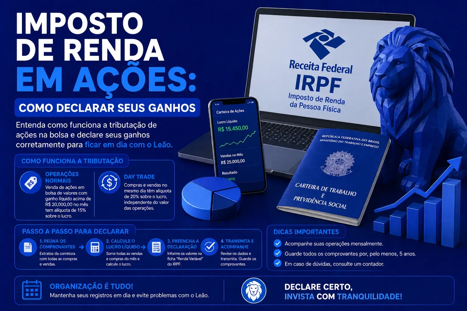 Ilustração sobre declaração de Imposto de Renda com documentos e o símbolo da Receita