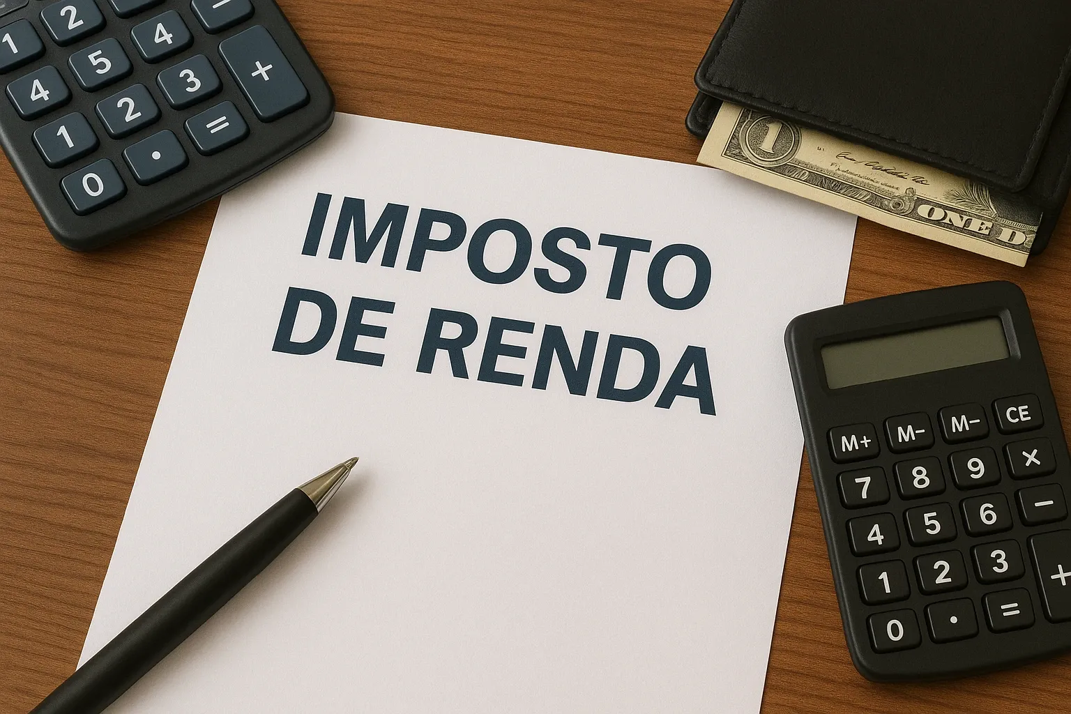 Ilustração sobre declaração de Imposto de Renda com documentos e o símbolo da Receita
