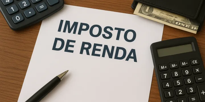 Ilustração sobre declaração de Imposto de Renda com documentos e o símbolo da Receita