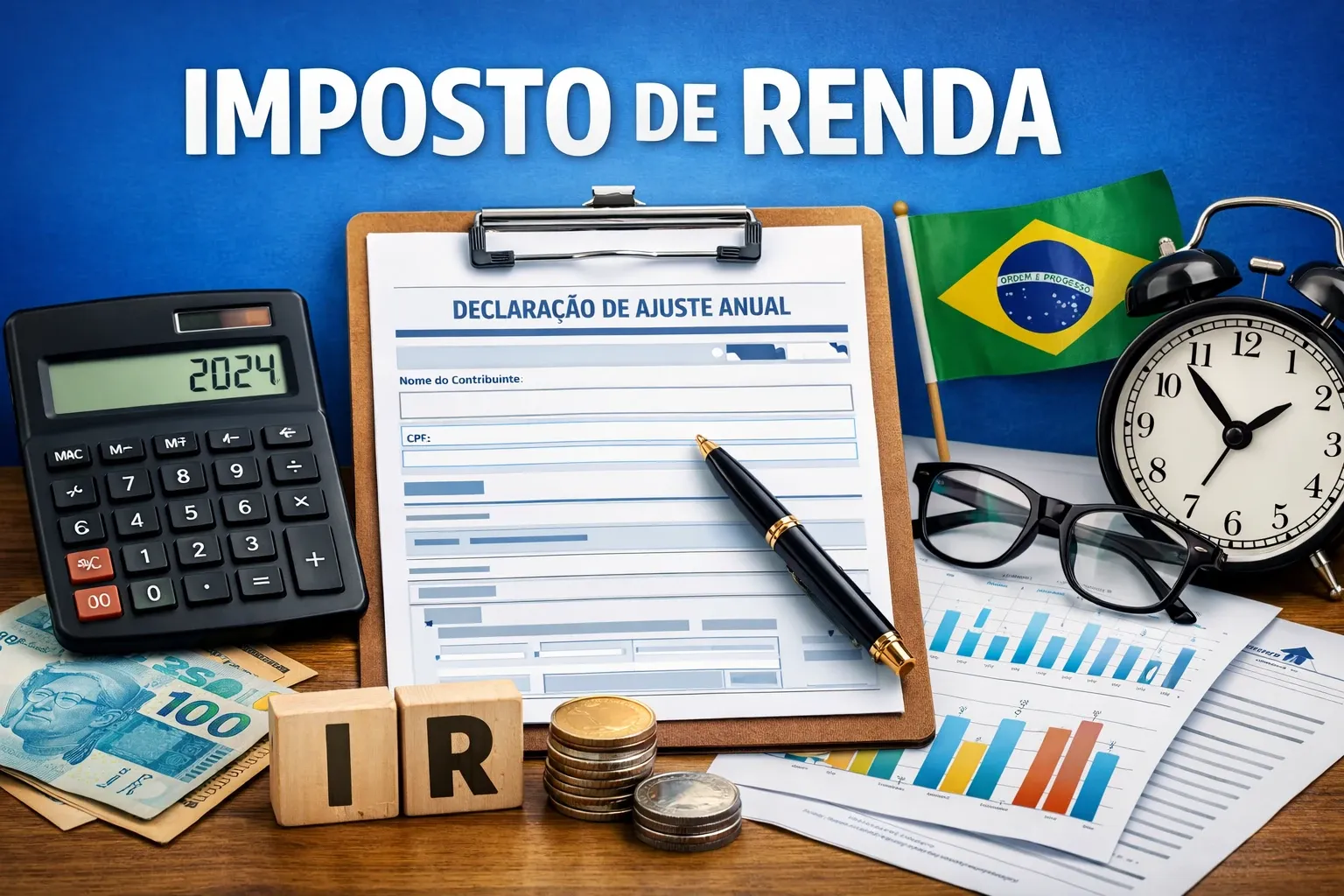 Ilustração sobre declaração de Imposto de Renda com documentos e o símbolo da Receita