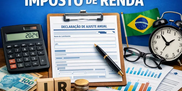 Ilustração sobre declaração de Imposto de Renda com documentos e o símbolo da Receita