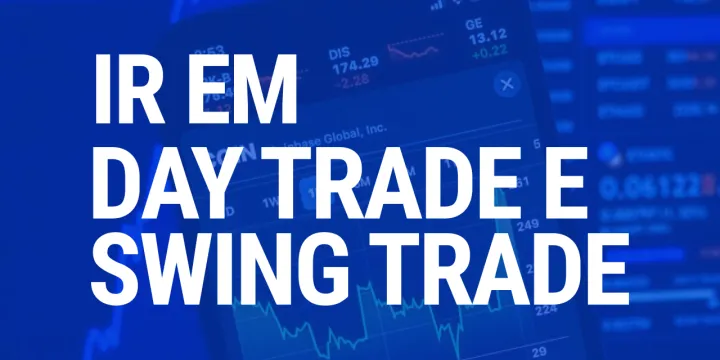 Smartphone exibindo gráficos da Bolsa de Valores com o texto 'IR em Day Trade e Swing Trade'