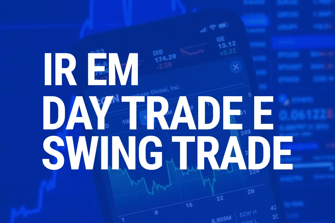 Smartphone exibindo gráficos da Bolsa de Valores com o texto 'IR em Day Trade e Swing Trade'