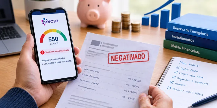 Pessoa segurando celular com app da Serasa mostrando score 550 e aviso de nome negativado, ao lado de extrato de dívidas com carimbo NEGATIVADO, caderno com plano para quitar dívidas e investir, cofrinho e moedas