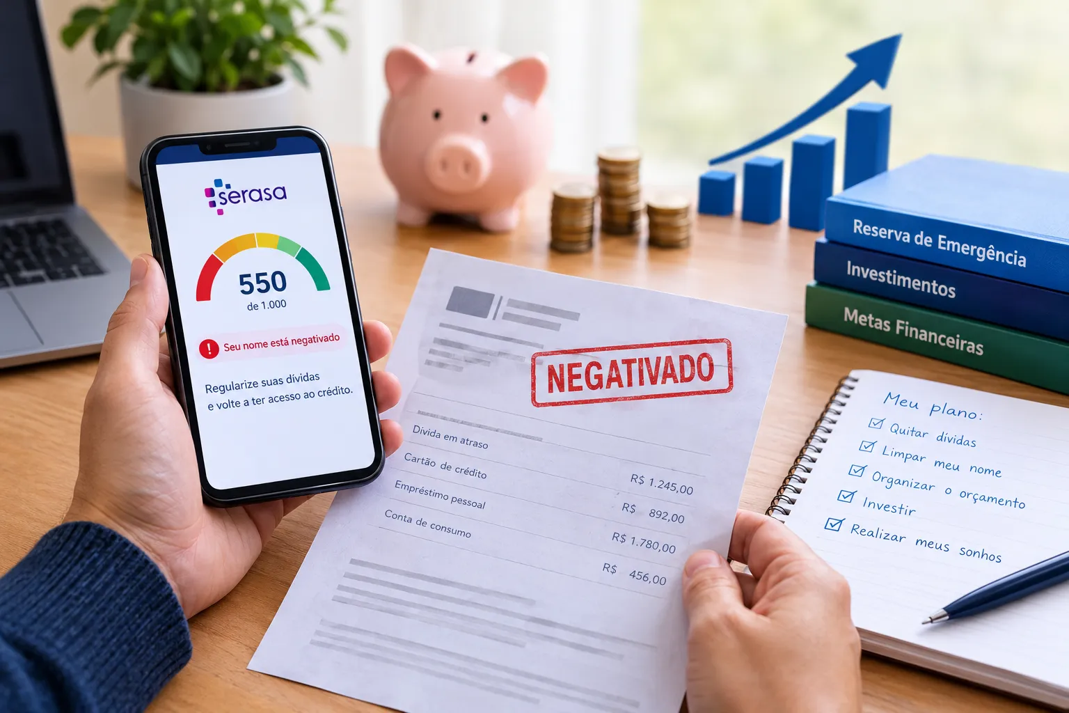 Pessoa segurando celular com app da Serasa mostrando score 550 e aviso de nome negativado, ao lado de extrato de dívidas com carimbo NEGATIVADO, caderno com plano para quitar dívidas e investir, cofrinho e moedas