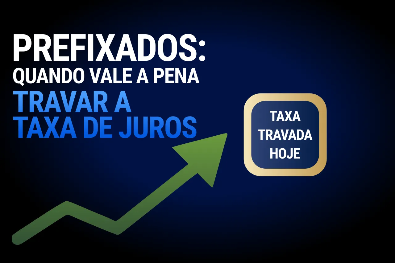 Banner com fundo escuro contendo o texto 'PREFIXADOS: QUANDO VALE A PENA TRAVAR A TAXA DE JUROS', uma seta verde em alta e o selo 'TAXA TRAVADA HOJE'
