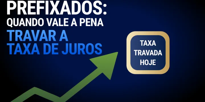 Banner com fundo escuro contendo o texto 'PREFIXADOS: QUANDO VALE A PENA TRAVAR A TAXA DE JUROS', uma seta verde em alta e o selo 'TAXA TRAVADA HOJE'