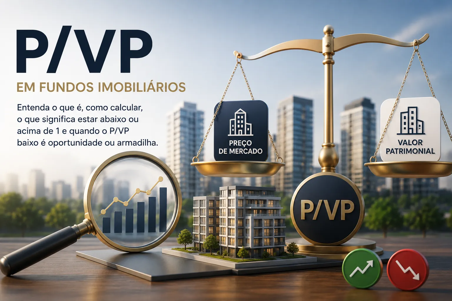Ilustração sobre fundos imobiliários com prédios e gráficos de rendimentos