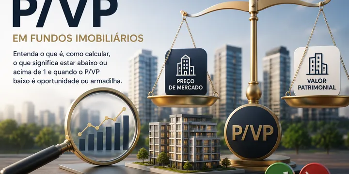 Ilustração sobre fundos imobiliários com prédios e gráficos de rendimentos