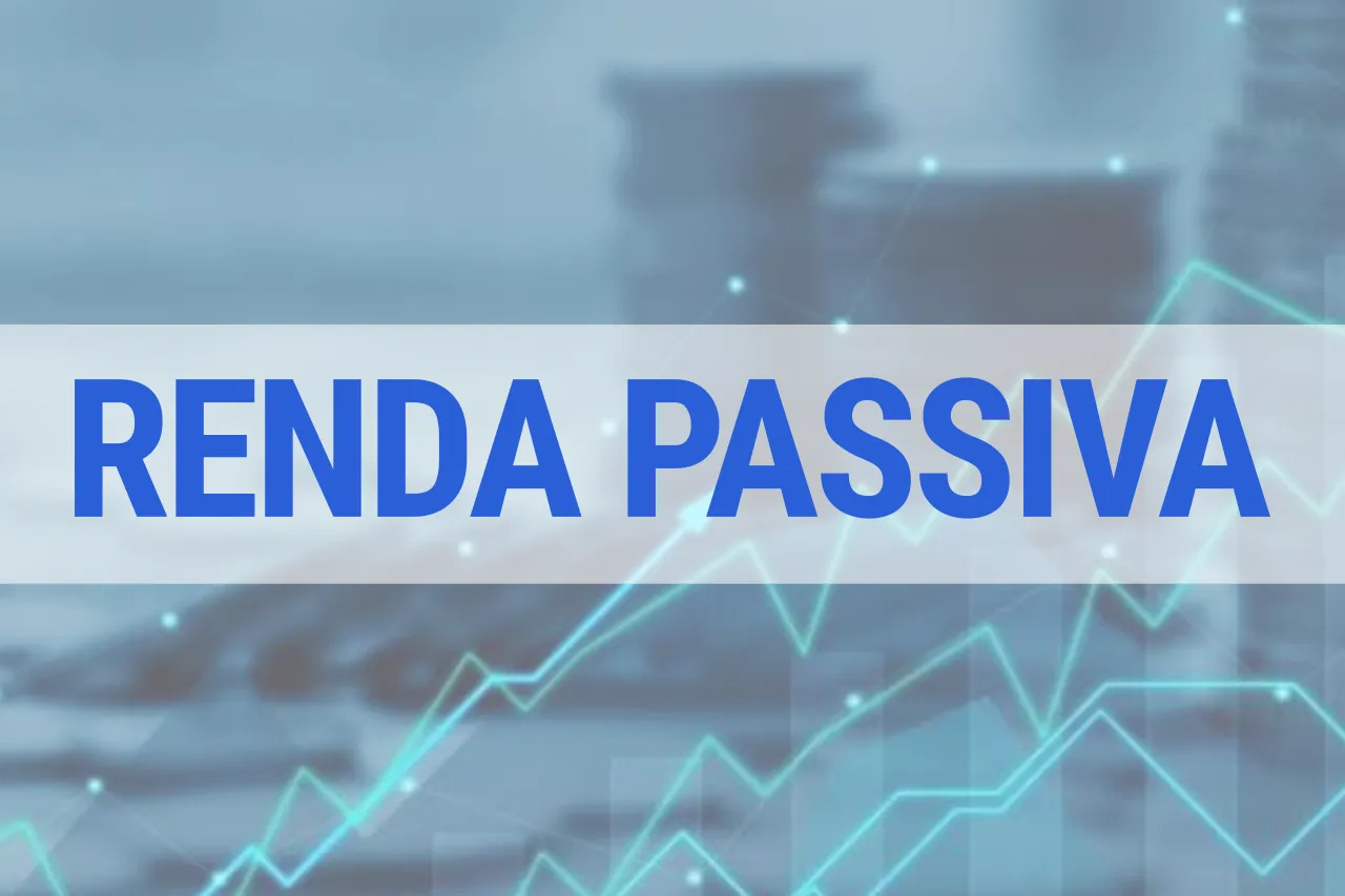 Banner com o texto 'RENDA PASSIVA' em letras azuis sobre gráfico financeiro com linhas de tendência e moedas ao fundo