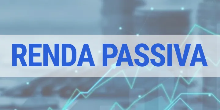 Banner com o texto 'RENDA PASSIVA' em letras azuis sobre gráfico financeiro com linhas de tendência e moedas ao fundo