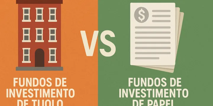 Ilustração sobre fundos imobiliários com prédios e gráficos de rendimentos